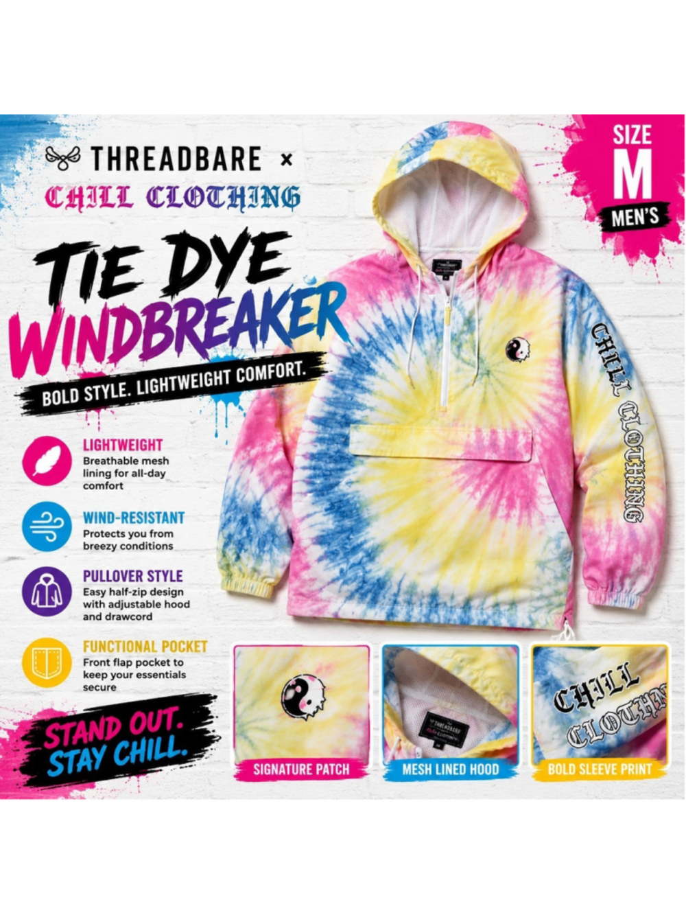Threadbare x Chill Tie Dye Hooded Windbreaker Jacket Men's Medium Pullover